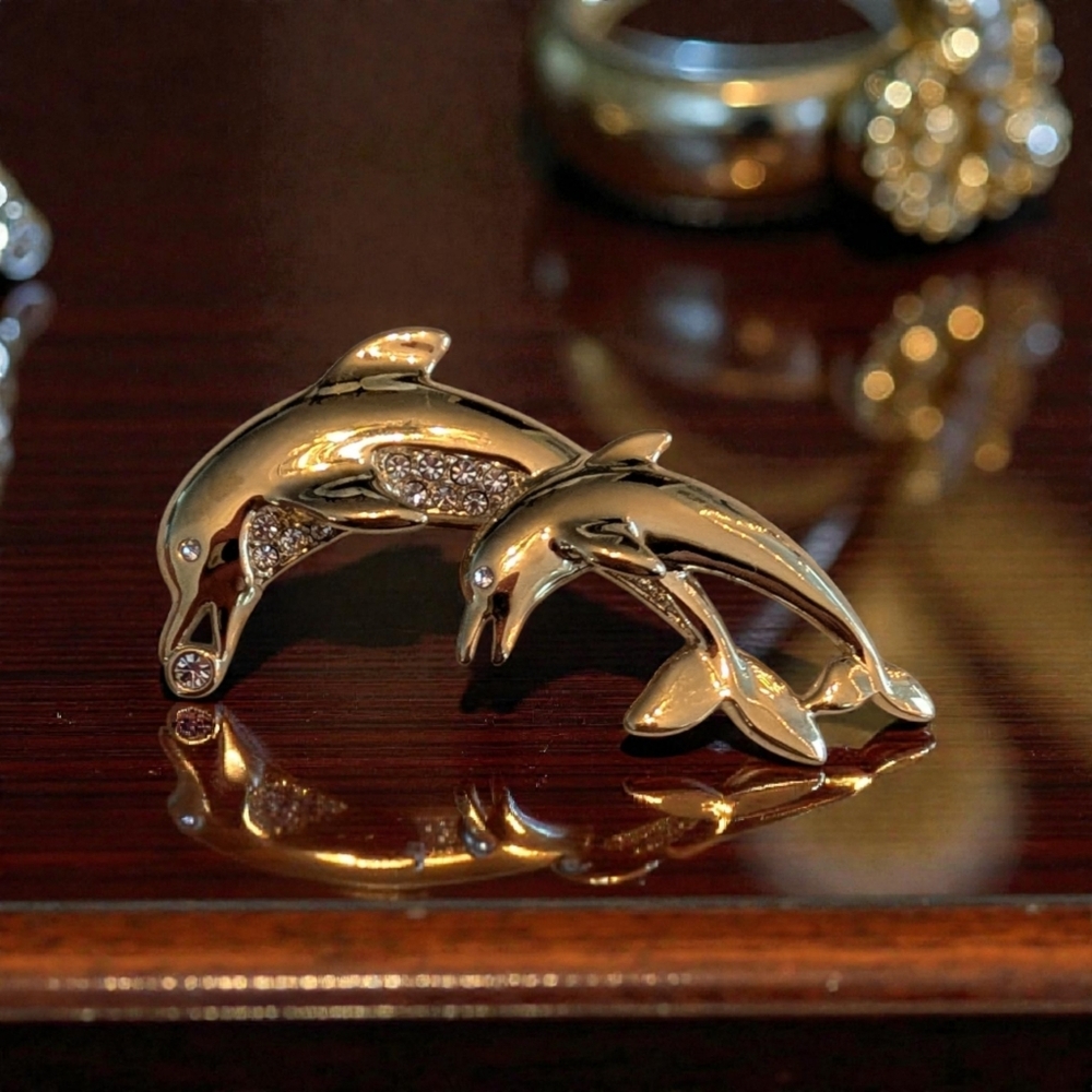 Vintage Gold Tone Dolphin Brooch with Rhinestones